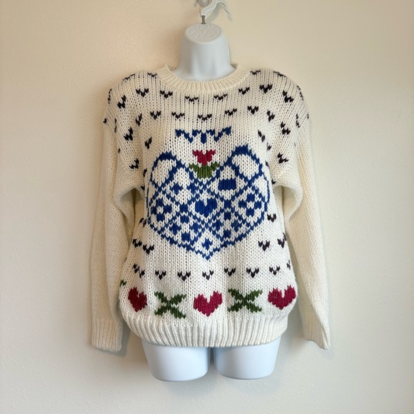 Vintage JJ Fargo Hand Knit Sweater Blue and Red Heart Design SzM Fair Isle Cozy - Picture 1 of 9